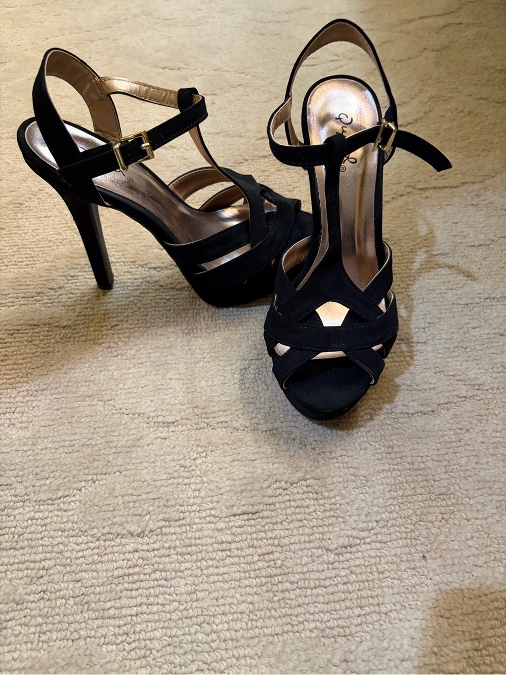 Qupid Black Suede T-Strap Platform Heels Worn Once